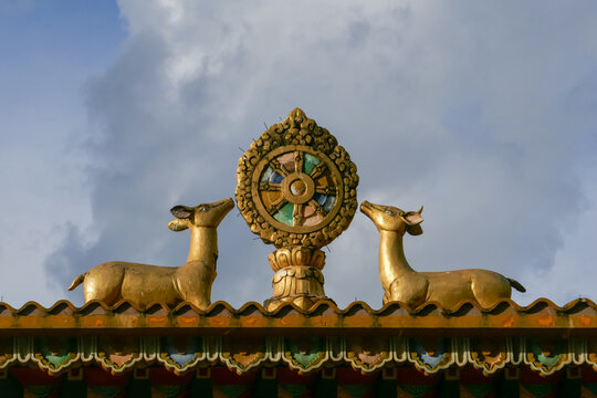 Symbol of the Buddha's first sermon in the deer park in Sarnath with deers and dharmachakra or dharma wheel on sky background, Rangjung monastery, Trashigang, Bhutan