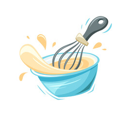 Bowl with whisk. Stylized kitchen utensil. Cartoon flat illustration of mixing or whipping dough, sauce, cream. Color isolated vector clip art on white background - 435604700