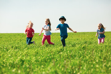 Fototapeta premium A group of happy children of boys and girls run in the Park on the grass on a Sunny summer day . The concept of ethnic friendship, peace, kindness, childhood