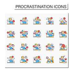 Procrastination color icons set. Postpone unpleasant tasks for later.Delay. Lazy person. Overwhelmed concept. Isolated vector illustrations
