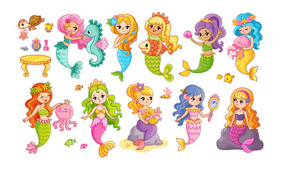 Beautiful set with mermaids in cartoon style. Vector illustration - 435605901
