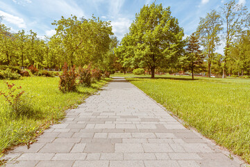 The walkway in the public park is paved with concrete paving slabs of various sizes. Bright illumination by midday sun.