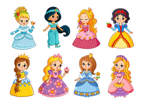 Beautiful set with cartoon princesses. Vector illustration with girls