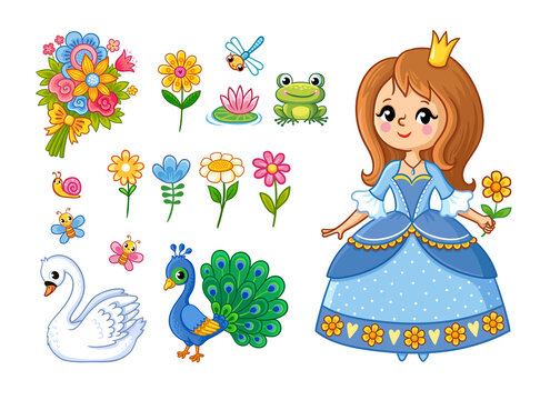 Cute princess with a flower in her hand. Vector set with girl, flowers and animals