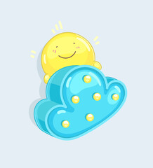 Cartoon kids illustration blue cloud night light and cute sun character 