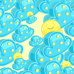 Summer sky kids seamless pattern. Clouds and character sun background illustration