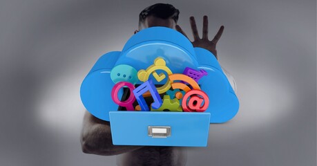 Multiple digital icons inside cloud icon against shirtless man gesturing stop sign