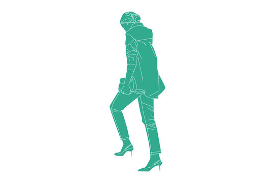 Vector illustration of casual woman walking on the sideroad (from behind), Flat style with outline