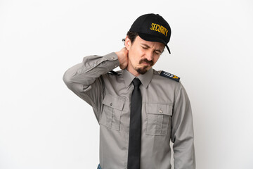 Young caucasian security man isolated on white background with neckache