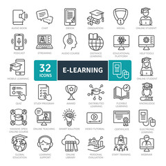Electronic learning icons Pack. Thin line icons set. Distance learning collection set. Simple vector icons