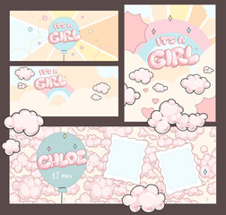 It's a girl inscription and puffy pink clouds cards illustrations. Cartoon baby girl birthday decoration design set 