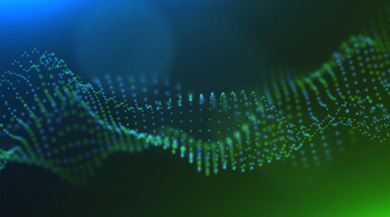 Wave of blue and green particles. Abstract technology flow background. Sound mesh pattern or grid landscape. Digital data structure consist dot elements. Future vector illustration.