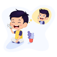 Cute little Kid holding phone using for call with friend. Children happy smile using cell phone for talking ฺ Boy face on screen smartphone. Vector cartoon illustration for call telephone.