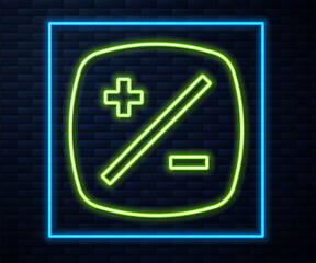 Glowing neon line Exposure compensation icon isolated on brick wall background. Vector