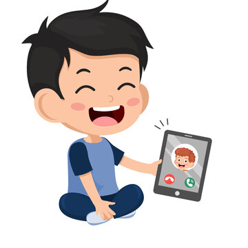 Video Conference. Incoming call on tablet screen. Cute little boy hand holding tablet with friend on screen. stay at home. children happy using technology internet. Vector cartoon kid illustration.