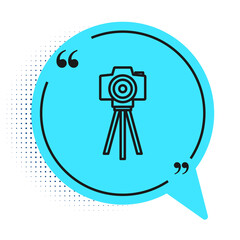 Black line Photo camera icon isolated on white background. Foto camera. Digital photography. Blue speech bubble symbol. Vector