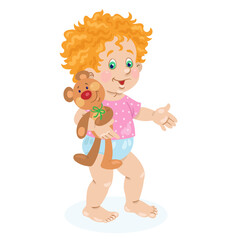 Cute little red-haired baby girl walks with a teddy bear in her hand. In  cartoon style. Isolated on white background. Vector illustration