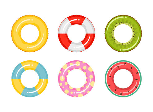 Set of rubber inflatable swimming rings. Toy for water and beach or trip safety. Life saving floating lifebuoy for beach or ship. Vector illustration.