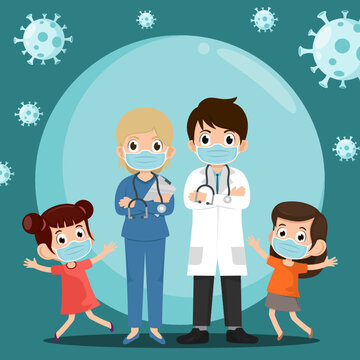 Doctor and Kids wearing face mask fighting corona virus, kids Children are happy when use medical mask or surgical mask to protect her from virus. stay at home. Vector illustration