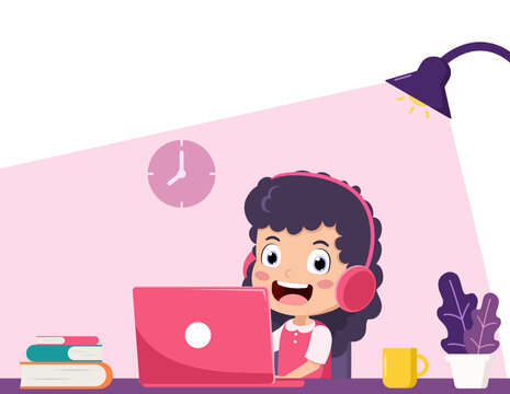 Cute little kid learning with computer laptop for Online education of school. child happy smile using internet technology for e-learning. vector illustration