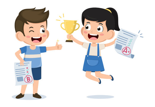 Boy thumb up give to congratulate friend. happy cute kid girl happy receive the 1st award from exams. gold trophy. cartoon vector illustration.