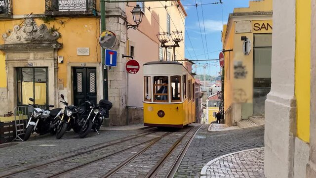 Lisbon Funicular Bica Lift Going Uphill, Slow Motion. The Bica Funicular is a funicular railway line in the municipality of Lisbon, Portugal.