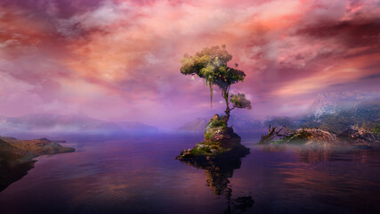 Fototapeta na wymiar Magical landscape with a tree on a mountain lake island, 3D render.