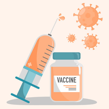 Vaccine and syringe. Vector medical syringe with vaccine, concept of vaccination, injection, diabetes. bottle and virus in flat design. Isolated vector illustration.