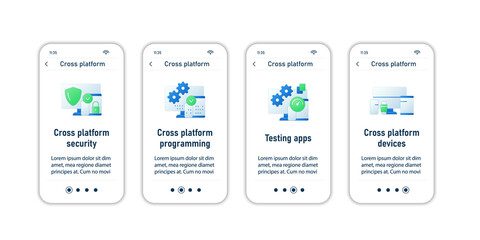 Cross platform onboarding mobile app screens.Security, programming, testing application, devices. Programming environment steps menu. Set of UI, UX, web template with RGB color linear icons
