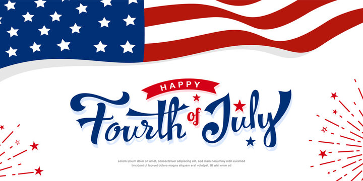 United states of America celebrating 4th of July modern typography design with USA flag-waving, firework burst & stars. Use for sale banner, discount banner, Advertisement banner, postcard, etc.
