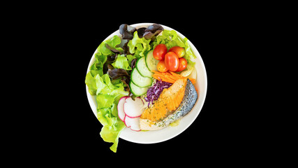 Salmon salad with black isolated background.