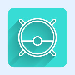 White line Robot vacuum cleaner icon isolated with long shadow. Home smart appliance for automatic vacuuming, digital device for house cleaning. Green square button. Vector
