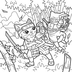 cartoon cute samurai cat, coloring page, outline illustration
