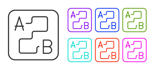 Black line Route location icon isolated on white background. Map pointer sign. Concept of path or road. GPS navigator. Set icons colorful. Vector