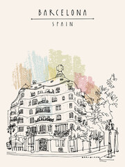 Vector Barcelona, Catalonia, Spain postcard. Magnificent street corner. Travel sketch. Hand drawn vintage touristic poster, book illustration - obrazy, fototapety, plakaty