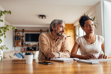 Fototapeta premium Partners looking at computer, making a new project together.