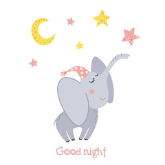 Cute baby elephant in a cap. Goodnight! Children's cartoon illustration.
