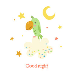 A cute parrot slumbers on a cloud. Childish illustration. Good night.