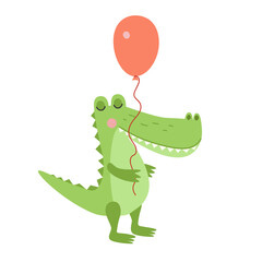 A cute crocodile holds a balloon in his paw. Cartoon illustration.