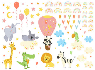 Obraz na płótnie Canvas Set of cartoon animals and cute vector elements. Giraffe, zebra, elephant, parrot, koala, panda, lion, crocodile. Multicolored rainbows, clouds, stars, balloons.