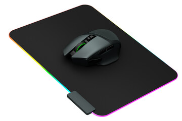 Modern gaming computer mouse on professional pad on white background