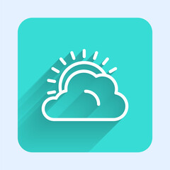White line Sun and cloud weather icon isolated with long shadow. Green square button. Vector