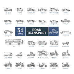 Road Vehicles Icons Pack. Thin line icons set. Flat icon collection set. Simple vector icons