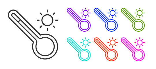 Black line Meteorology thermometer measuring heat and cold icon isolated on white background. Thermometer equipment showing hot or cold weather. Set icons colorful. Vector