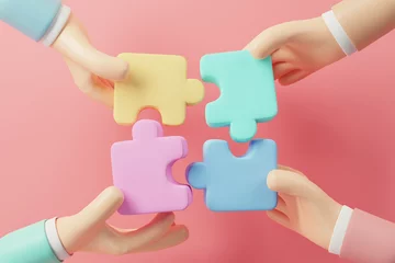 Foto op Plexiglas Bedrijfsconcept. Hand van mensen die puzzel verbinden. Symbool van teamwork, samenwerking, partnerschap. 3D render. © oatawa