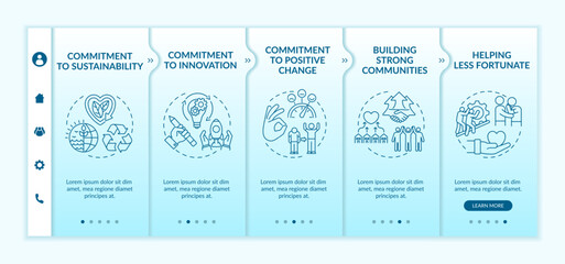 Organizational core values onboarding vector template. Responsive mobile website with icons. Web page walkthrough 5 step screens. Commitment to positive change color concept with linear illustrations
