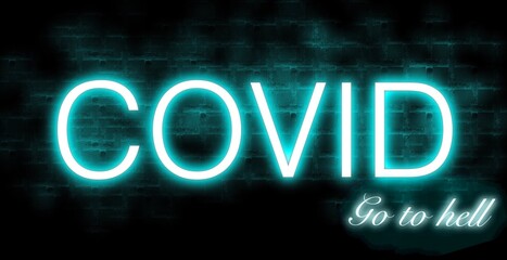covid sign made in neon style shining on the wall