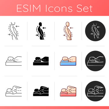 Poor posture problems icons set. Swayback posture. Correct sleeping position for reducing neck. Postural deformity. Side-lying pose. Linear, black and RGB color styles. Isolated vector illustrations