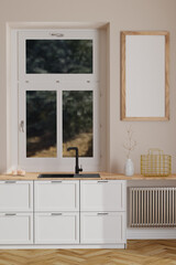 Fototapeta na wymiar Modern scandinavian kitchen interior with window and wooden empty frame on wall. Minimalist interior