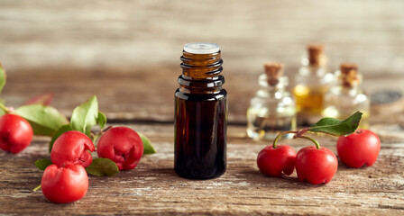 A bottle of wintergreen essential oil with wintergreen twigs on a white background